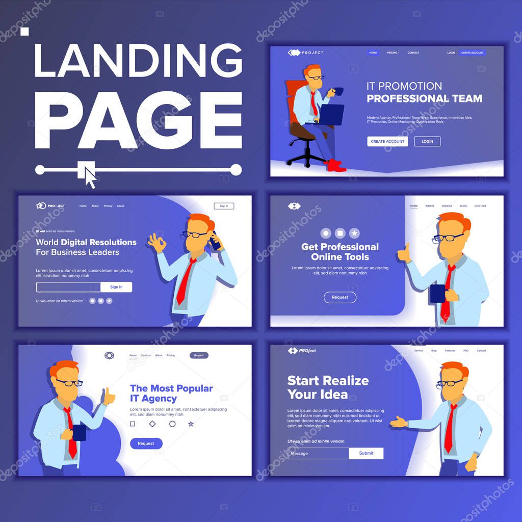 Landing Set Main Web Page Design Vector. Website Business Concept. Template. Working Team. Corporate. Illustration
