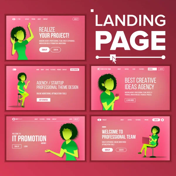 Landing Set Page Vector. Agência de Negócios. Página Web. Esquema de Design Front End Site. Modelo de aterragem. Coworking. Gerenciamento de fluxo de trabalho. Marketing moderno. Recibo de proteção. Ilustração —  Vetores de Stock