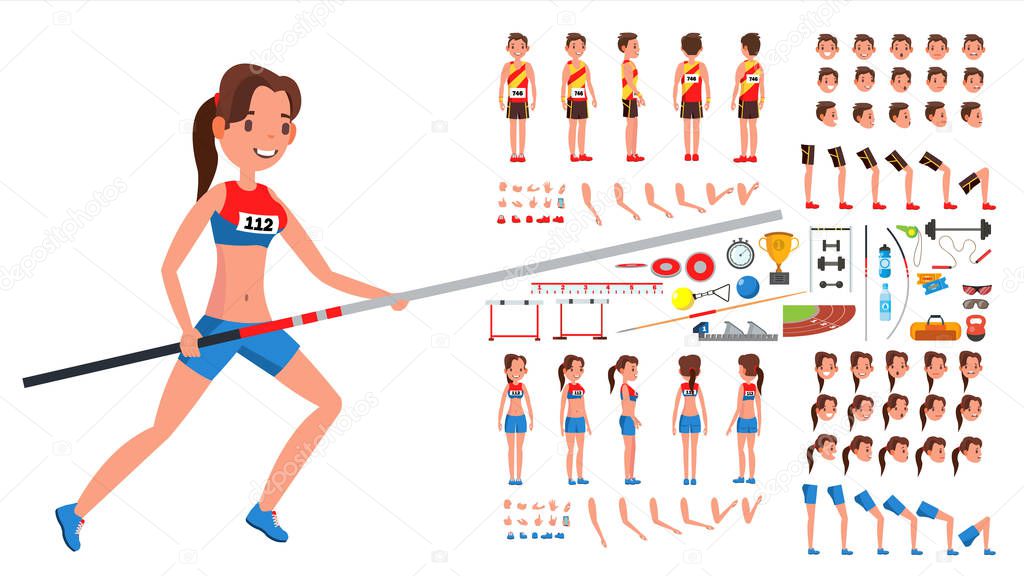 Athletics Player Male, Female Vector. Athlete Animated Character Creation Set. Man, Woman Full Length, Front, Side, Back View, Accessories, Poses, Face Emotions, Gestures. Flat Cartoon Illustration