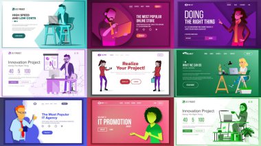 Ana Web sayfası tasarlamak vektör ayarlayın. Web sitesi iş kavramı. Açılış şablonu. Çalışma ekibi. Uygulama gazete. Yaratıcı bir fikir. İllüstrasyon