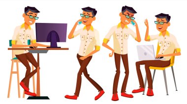 Office alt vektör. Korece, Tay dili, Vietnamca. Duygular, çeşitli hareketler karşısında. Yaşam tarzı jeneratör. Durumlar. İşadamı insan. Animasyon eklenmiş öğeler. Modern dolap çalışanı, işçi. İllüstrasyon