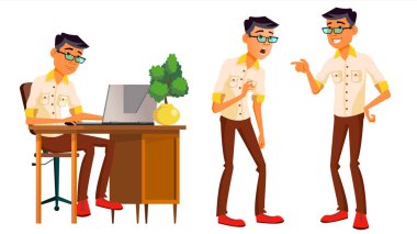Office alt vektör. Korece, Tay dili, Vietnamca. Duygular, çeşitli hareketler karşısında. İş adamı durumlar. Profesyonel kabin işçi, memur, memur. İzole karikatür karakter çizimi