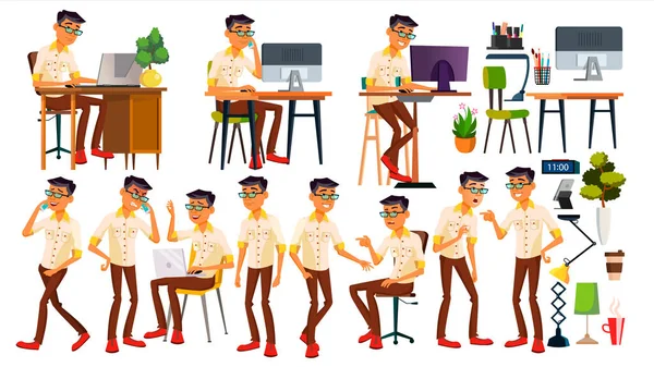 Office alt vektör. Tay dili, Vietnamca. Duygular, hareketleri karşısında. Animasyon eklenmiş öğeler. Teşkil etmektedir. Eylem. Yetişkin bir erkek. Başarılı şirket yöneticisi, katip, hizmetçi. İzole illüstrasyon