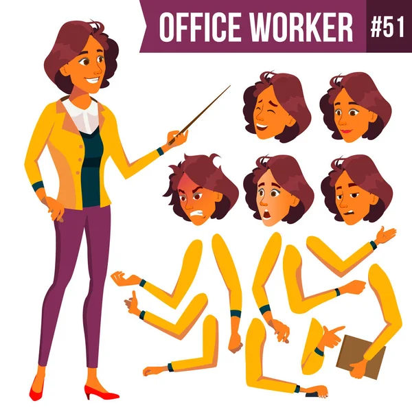 Office Worker Vector. Woman. Successful Officer, Clerk, Servant. Business Woman Worker. Face Emotions, Various Gestures. Animation Creation Set. Isolated Flat Illustration — Stock Vector