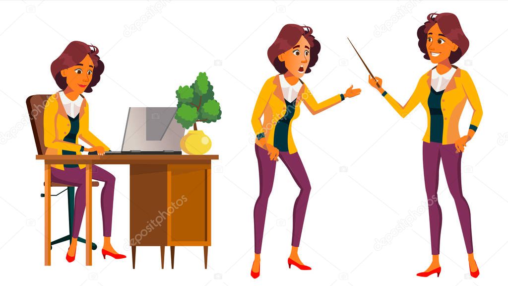 Office Worker Vector. Woman. Modern Employee, Laborer. Front, Side View. Business Woman. Situations. Emotions, Gestures. Flat Cartoon Illustration