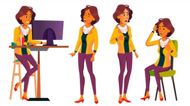 Office alt vektör. Kadın. Gülümseyen hizmetli, memur bey. Teşkil etmektedir. İş insan. Ön, yan görünüm. Bayan yüz duygular, çeşitli hareketler. Düz çizgi film karakteri illüstrasyon izole
