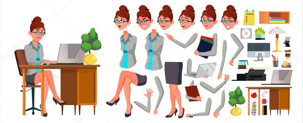 Office Worker Vector. Woman. Animation Creation Set. Secretary, Accountant. Professional Officer, Scene Generator. Clerk. Business Female. Front, Side View. Lady Face Emotions, Gestures. Illustration