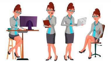 Office alt vektör. Kadın. Mutlu katip, hizmetçi. Çalışan. İş insan. Sekreter. Eylem. Ön, yan görünüm. Duygular, çeşitli hareketler karşısında. Animasyon oluşturma küme. İllüstrasyon