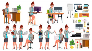 Office alt vektör. Kadın. Başarılı memur bey, memur, hizmetçi. Teşkil etmektedir. Durumlar. Sekreter. İş işçisi kadın. Duygular, çeşitli hareketler karşısında. Düz illüstrasyon izole