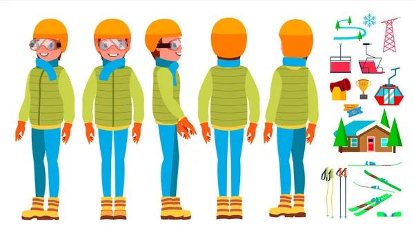 Hombre Esquí Vector masculino. Esquí Deportista. Temporada y montaña. Ilustración de personajes de dibujos animados — Vector de stock
