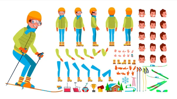 Erkek vektör kayak. Animasyonlu karakter oluşturma küme. Adam tam uzunlukta, ön, yan, arkadan görünüm, aksesuarlar, pozlar, yüz duygular, jestler. Düz çizgi film illüstrasyon izole
