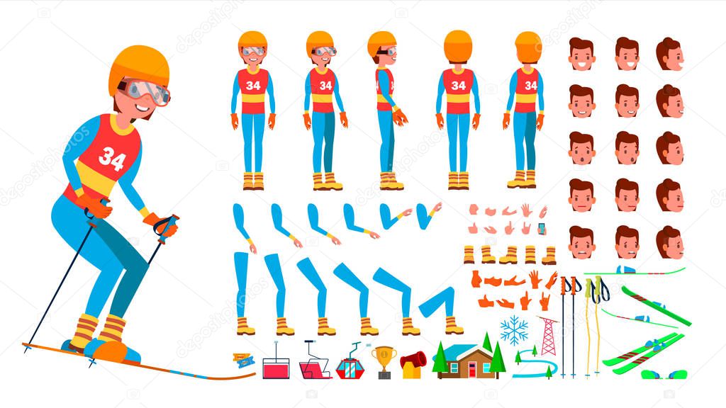 Skiing Player Male Vector. Animated Character Creation Set. Man Full Length, Front, Side, Back View, Accessories, Poses, Face Emotions, Gestures. Isolated Flat Cartoon Illustration