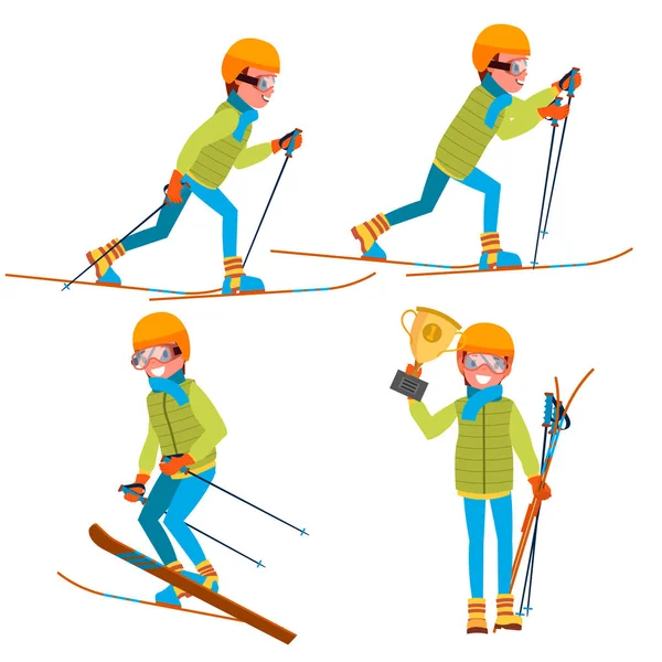 Esquí Joven Vector. ¡Hombre! Disfrutando del paisaje de nieve. Esquiador y nieve. Ilustración plana de dibujos animados — Vector de stock