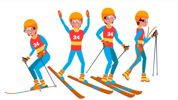 Skiing Male Player Vector. Slope Competition. Recreation Lifestyle. In Action. Cartoon Character Illustration — Stock Vector