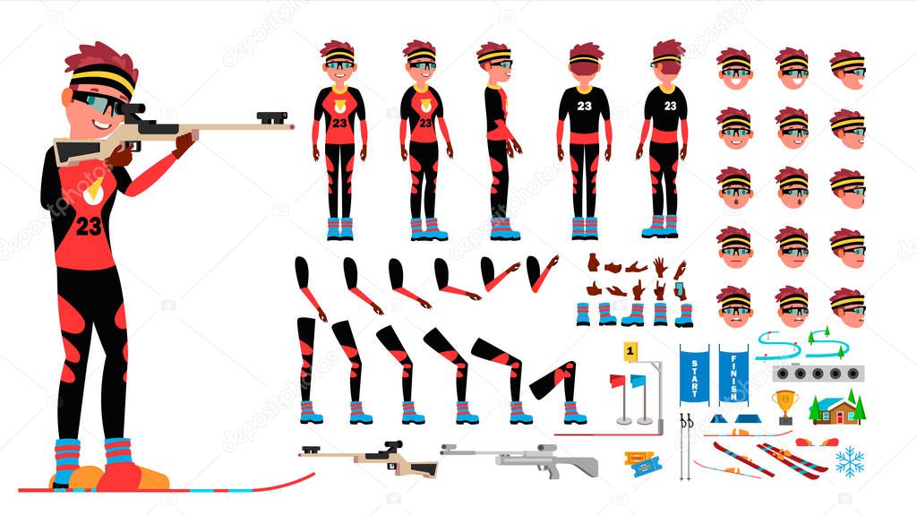 Biathlon Player Male Vector. Animated Character Creation Set. Man Full Length, Front, Side, Back View, Accessories, Poses, Face Emotions, Gestures. Isolated Flat Cartoon Illustration