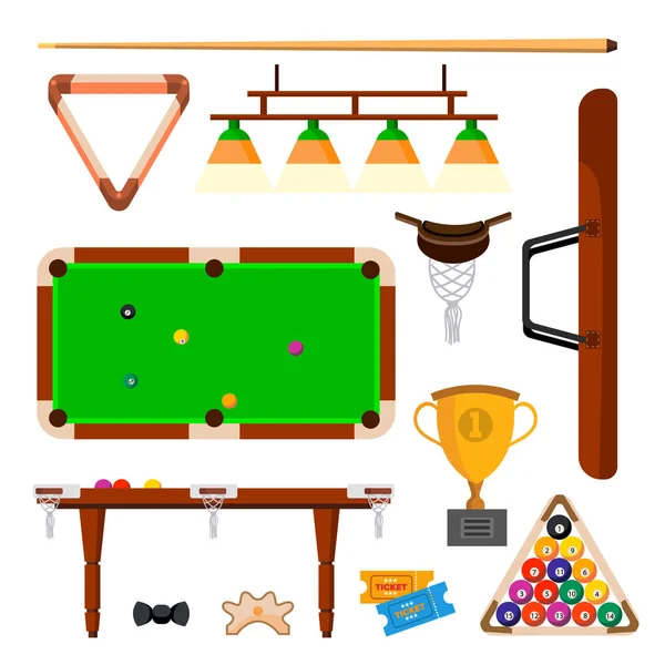 Ícones de sinuca definir vetor. Snooker, acessórios de bilhar. Bolas, Cue, Mesa Verde, Lâmpada. Ilustração plana isolada dos desenhos animados — Vetor de Stock