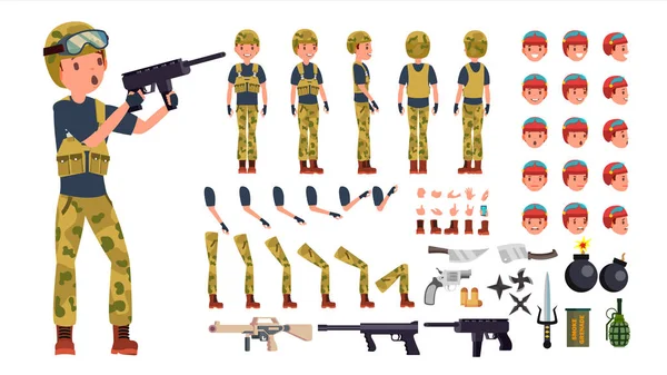 Asker erkek vektör. Animasyonlu karakter oluşturma küme. Askeri adam tam uzunlukta, ön, yan, arkadan görünüm, aksesuarlar, pozlar, duygular, jestleri karşı karşıya. Savaş. Ordu asker üniforması. İllüstrasyon