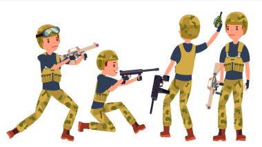 Genç ordu asker adam vektör. Teşkil etmektedir. Savaş için hazır. Kamuflaj üniforma. Savaş. Adam düz askeri karikatür çizimi