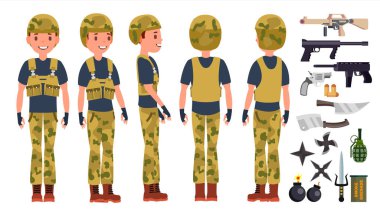 Asker erkek vektör. Teşkil etmektedir. Siluet. Farklı teşkil etmektedir oynuyor. Adam askeri. War.Ready savaş için. Ordu. Beyaz çizgi film karakteri illüstrasyon izole