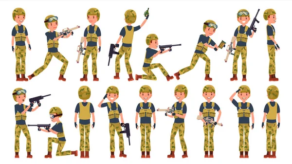 Asker erkek vektör. Farklı pozlar. Eylem askeri insanlar. Kamuflaj üniforma. Ordu. Çizgi film karakteri illüstrasyon