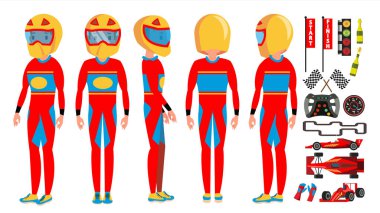 Spor araba Racer erkek vektör. Modern sürücü. Düz çizgi film karakteri illüstrasyon izole