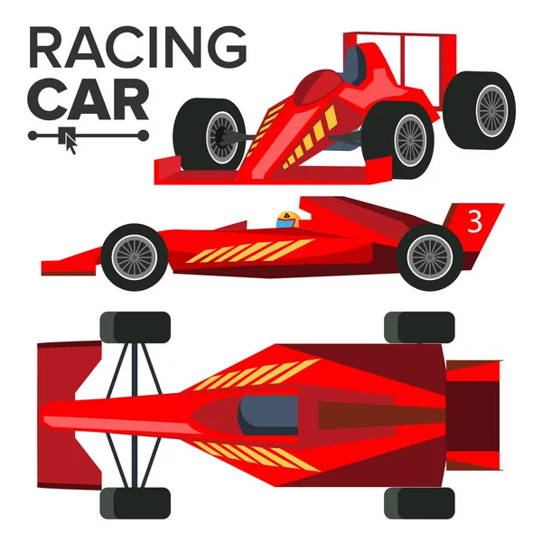 Race auto Bolid Vector. Sport rood racewagen. Front, kant, achteraanzicht. Tekening van de auto. Illustratie — Stockvector