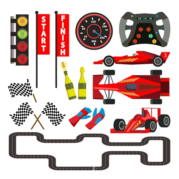 Sport Car Racing Icons Set Vector. Speedometer, Car Steering Wheel, Flag Checkered, Route, Traffic Light, Gloves, Cup, Champagne. Rally Accessories. Isolated Flat Cartoon Illustration — Stock Vector