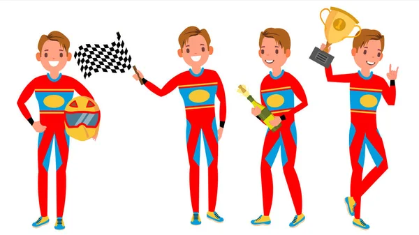 Sport Car Racer Young Man Vector. Racing Championship. Red Uniform. Turbo Rally. Man. Modern Driver. Flat Athlete Cartoon Illustration — Stock Vector