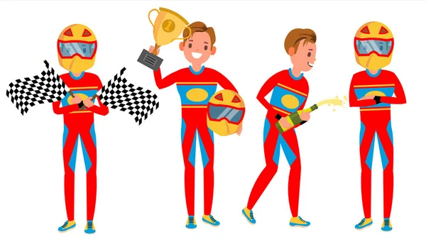 Sport Car Racer Homme vecteur. Championnat de course. Uniforme rouge. Poses. En action. Illustration de personnage de bande dessinée — Image vectorielle