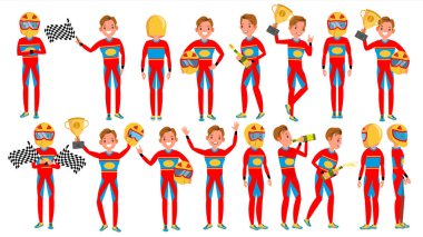 Spor araba yarışçısı adam erkek vektör. Turbo ralli. Teşkil etmektedir. Modern sürücü. Çizgi film atlet karakter çizimi