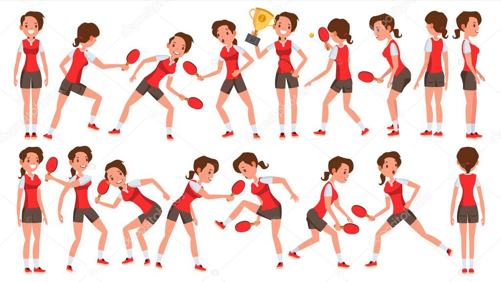 Table Tennis Female Player Vector. In Action. Sports Concept. Stylized Player. Cartoon Character Illustration