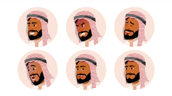 L'uomo icona dell'avatar arabo vettoriale. Arabia Saudita, Emirati, Qatar, Uae. Emozioni umane. Maschio anonimo. Varie espressioni. Varie teste. Illustrazione del personaggio del cartone animato isolato — Vettoriale Stock