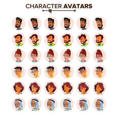 İnsanlar Avatar Set vektör. Erkek, kadın. Daire piktogram. Etkileyici resim. İnsan duyguları. Şık görüntüsü. Simge yer tutucu. Geçici işçi. Düz çizgi film karakteri illüstrasyon