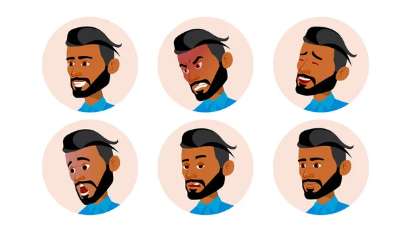 Arab ember Avatar fő vektor. Arab, muzulmán. Képregény érzelmek. Lakás szép Manager. Boldog, boldogtalan. Nevetni, dühös. Karikatúra karakter illusztráció — Stock Vector