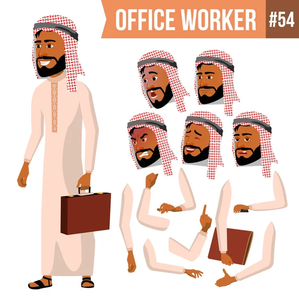 Arabové Office pracovník vektor. Saúdská, Emiráty, Katar, Spojené arabské emiráty. Tvář emoce, různá gesta. Animace tvorby sady. Firemní obchodník muž. Úspěšné důstojník, úředník, služebník. Ilustrace — Stockový vektor