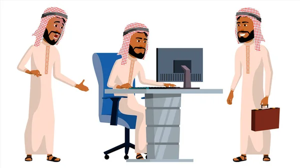 Arab Man Office Worker Vector (engelsk). Tradisjonelle klær. Islamsk. Ansiktsfølelse, animerte elementer. Forskjellige bevegelser. Forretningsmennesket. Smilende leder, tjener, arbeidsmann, offiser. Flat figur (Illustrasjon) – stockvektor