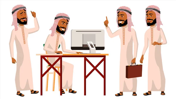 Arab Man Office Worker Vector. Thawb, Thobe. Ghutra. Conjunto de negocios. Emociones faciales, gestos. Empresario adulto hombre de negocios. Feliz empleado, sirviente, empleado. Ilustración plana aislada — Vector de stock