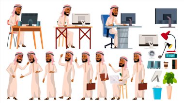 Arap adam Office alt vektör. Arap, Müslüman. İş kümesi. Yüz duygular, jestler. Animasyon eklenmiş öğeler. Kurumsal iş adamı erkek. Başarılı memur bey, memur, hizmetçi. İllüstrasyon izole karikatür