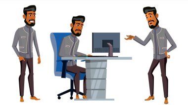 Arap adam Office alt vektör. İş kümesi. Suudi, Emirlikleri, Katar, Birleşik Arap Emirlikleri. Duygular, hareketleri karşısında. Yetişkin girişimci iş adam mutlu memur, hizmetli, işçi. İllüstrasyon