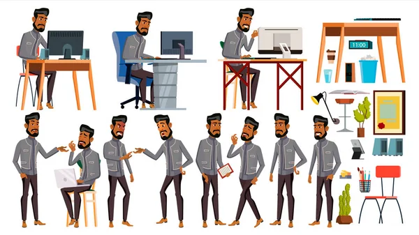Arab Man Office Worker Vector. Business Set. Face Emotions, Various Gestures. Animated Elements. Scene. Arabic Business Worker. Career. Professional Workman, Officer, Clerk. Illustration — Stock Vector