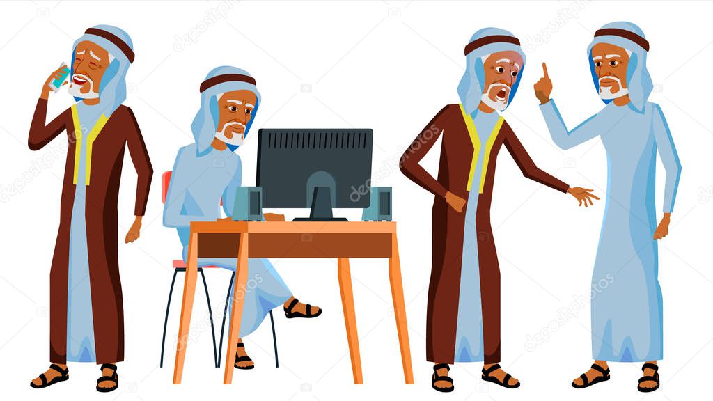 Arab Man Office Worker Vector. Islamic. Traditional Clothes. Old. Business Set. Face Emotions, Gestures. Adult Entrepreneur Business Man. Happy Clerk, Servant, Arabic Employee. Illustration