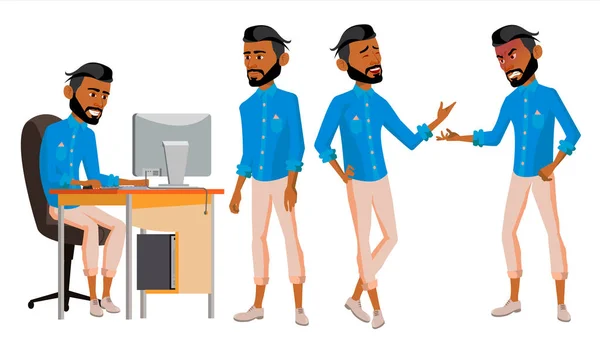 Arab Man Office Worker Vector. Set. Arab, Muslim. Islamic. Face Emotions, Various Gestures. Animated Elements. Office. Businessman Human. Modern Cabinet Employee, Workman, Laborer. Illustration — Stock Vector