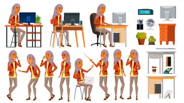Arap kadın Set Office alt vektör. Kadın. Hijab. Ghutra. Arap, Müslüman. Teşkil etmektedir. Duygular, çeşitli hareketler karşısında. Ayarlayın. İzole karikatür karakter çizimi