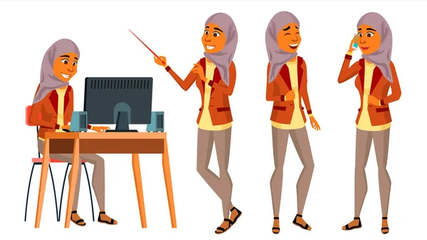 Arab Woman Office Worker Vector. Femme. Prêt. Hijab. Islamique. Homme d'affaires. Générateur de bureau. Lady Face Emotions, divers gestes. Devant, vue de côté. Illustration de personnage de dessin animé plat isolé — Image vectorielle