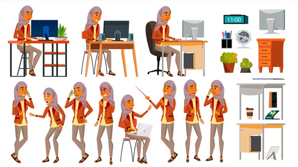 Femme arabe Set Office Worker Vector. Femme. Hijab. Ghutra. Arabe, musulman. Poses. Émotions du visage, gestes divers. Prêt. Illustration isolée de personnage de bande dessinée — Image vectorielle