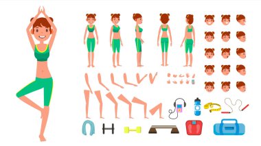 Yoga kadın vektör. Doğum öncesi Yoga karakter oluşturma kümesi animasyon. Kadın tam uzunlukta, ön, yan, arkadan görünüm, aksesuarlar, pozlar, duygular, jestleri karşı karşıya. Düz çizgi film illüstrasyon izole