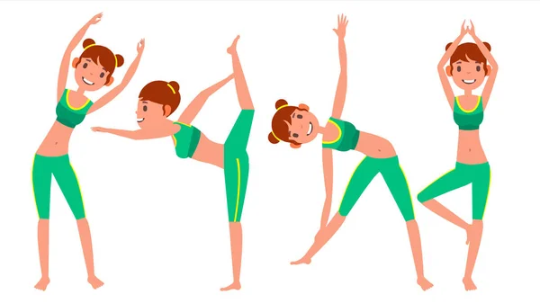 Yoga vrouw vormt instellen Vector. Meisje. Yoga houdingen. Het doen van Yoga Workout. Platte Cartoon afbeelding — Stockvector