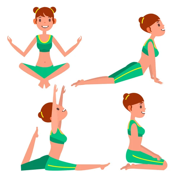 Yoga vrouw vormt instellen Vector. Meisje. Yoga oefening. Fitness, Sport doen. Platte Cartoon afbeelding — Stockvector