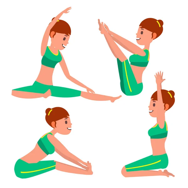 Yoga vrouwelijke Vector. Rekken en draaien. Beoefenen. Spelen In verschillende Poses. Vrouw. Geïsoleerd op witte Cartoon karakter illustratie — Stockvector