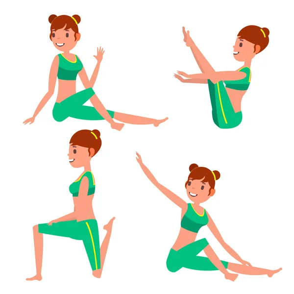 Yoga vrouwelijke Vector. In actie. Meditatie posities. Flexibele meisje. Cartoon karakter illustratie — Stockvector